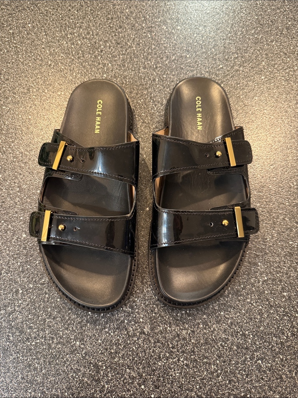 Cole Haan Black Patent Double-Strap Slide Sandals with Gold Buckles - size 9